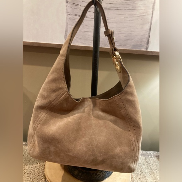 Michael Kors Fulton Suede Tan Leather Slouchy Bold Gold Logo Hobo Shoulder Bag - Picture 1 of 12